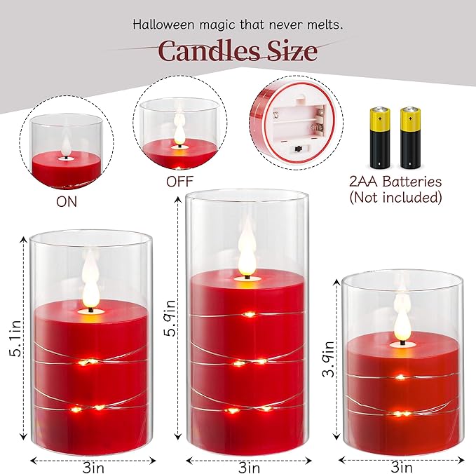 Da by Flickering Flameless Candles with Remote,Acrylic LED Candles with Embedded Star String,Battery Operated Candle, for Home and Holiday Decoration Set of 3（Red）