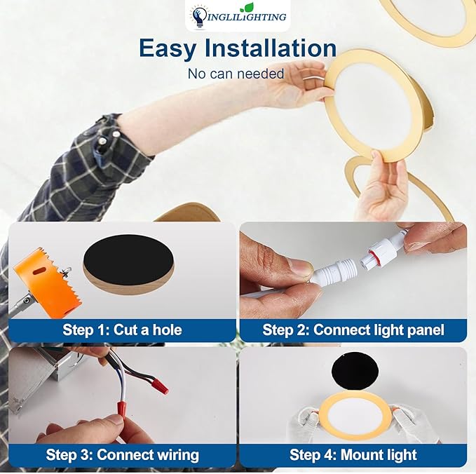 DLLT LED Recessed Ceiling Lights: 12 Pack 8 Inch 5CCT Ultra-Thin Lighting with Junction Box for Bedroom - 1800LM Brightness 18W Eqv 170W Dimmable Canless Wafer Downlight with ETL&FCC-Gold