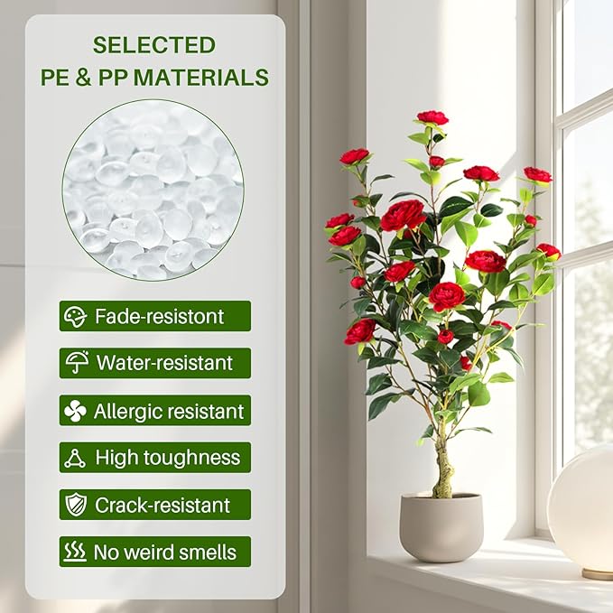 Artificial Camellia Tree 2 Pack, 3FT Faux Camellia Plant in Pot, 36 inch Fake Potted Camellia Flower Tree Plastic Camellia Tree for Modern Home Office Living Room Floor Decor Indoor, Red