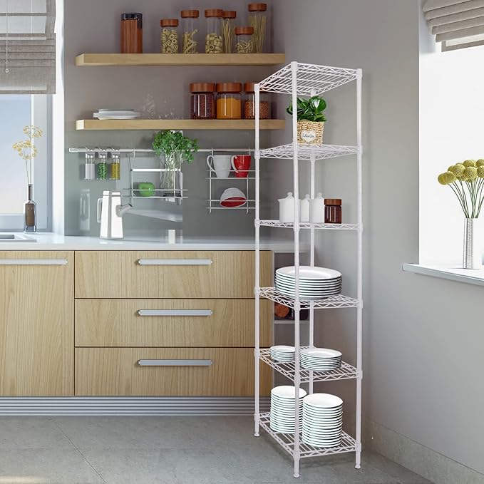 GIOTORENT 6-Tier Storage Shelves Standing Shelving Metal Units, Adjustable Height Wire Shelf Display Rack for Pantry Laundry Bathroom Kitchen 16.6” x 11.8” x 63”, White