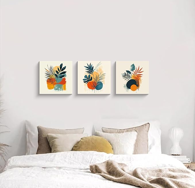 NAN Wind 3Pcs Tropical Leaf Wall Art Palm Frond and Foliage Canvas Print with Bold Orange Teal Yellow Shapes Mid-Century Modern Botanical Plant Pictures for Boho Living Room Bedroom Office Wall Decor