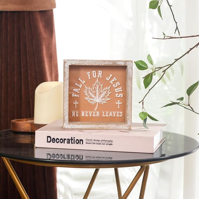 Embossed Orange Fall Leaf Sign, Farmhouse Autumn Decorations, Wooden Fall Tiered Tray Decor for Shelf Cubicle Desk Mantel, Rustic Thanksgiving Table Decor