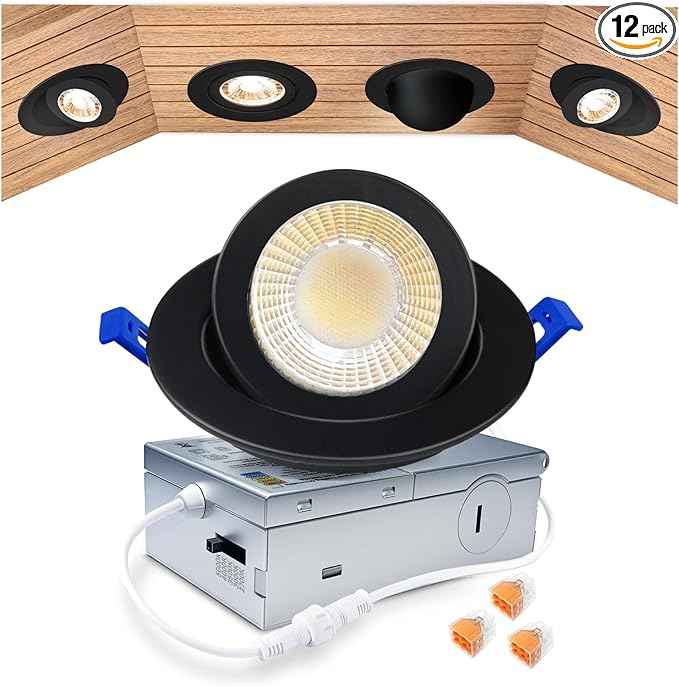 zouzai 5CCT LED Gimbal Led Recessed Light with Junction Box, 360°+90° Adjustable Directional Eyeball Lighting, Dimmable, 2700K/3000K/3500K/4000K/5000K,ETL&Energy Star (Black 1 Pack, 3 inch)