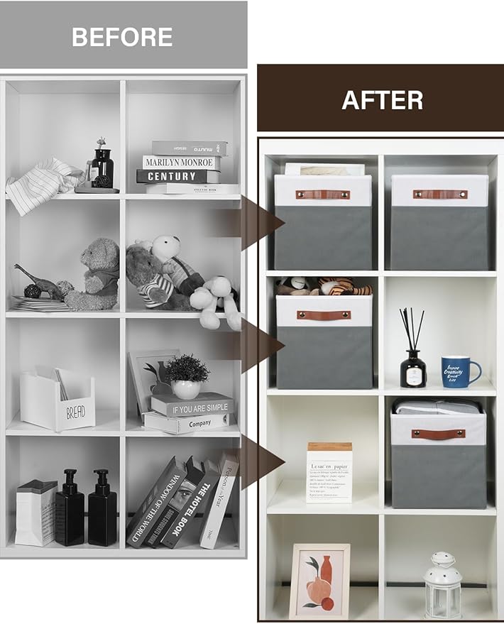 Temary 11x11 Storage Cubes Fabric Cube Storage Bins with Handles Clothes Storage Boxes Baskets for Organizing Home, Shelf, Closet (White&Grey, 11 x 11 x 11)