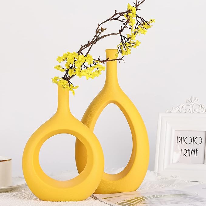 Yellow Ceramic Hollow Elliptical Vase Set of 2 - Boho Circle Vase with Hole, for Modern Yellow Table Decor, Living Room Decor Shelf mid Century Modern Home Entrance Decorative vase