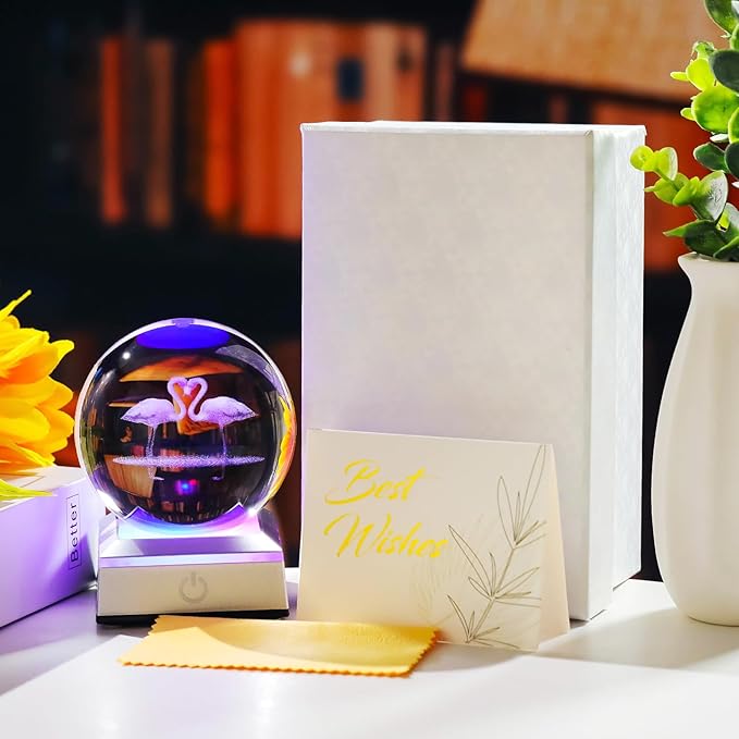 Ornalrist Flamingo Gifts for Women - 3D Crystal Ball 3.15'' with Multicolor Led Light Base - Flamingo Gifts for Kids, Girls - K9 Crystal Ball with LED Base Night Light Home Office Decor