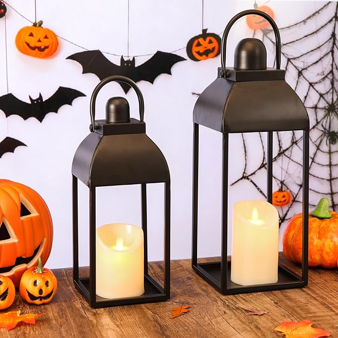 Lanterns Decorative Outdoor Indoor, Black Metal Outdoor Lanterns, 17'' 13'' Set of 2 Modern Farmhouse Candle Lantern Halloween Lanterns Centerpieces for Home, Wedding, Patio, Porch, Mantel