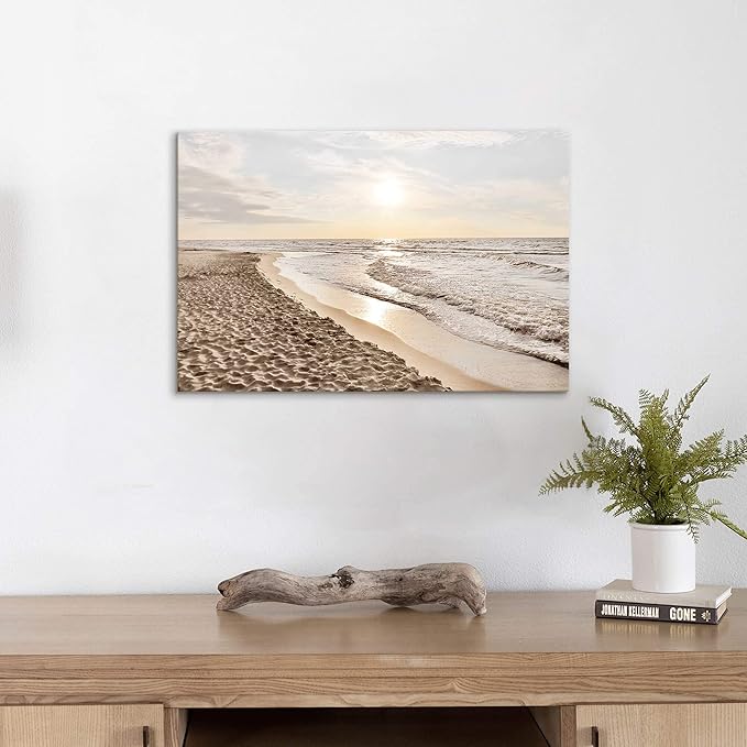Sunset Beach Picture Wall Art: Sea Waves Canvas Painting Contemporary Ocean Scenery Coastal Artwork Tropical Nature Sands Seaside Seacape Prints for Modern Bathroom Living Room Bedroom