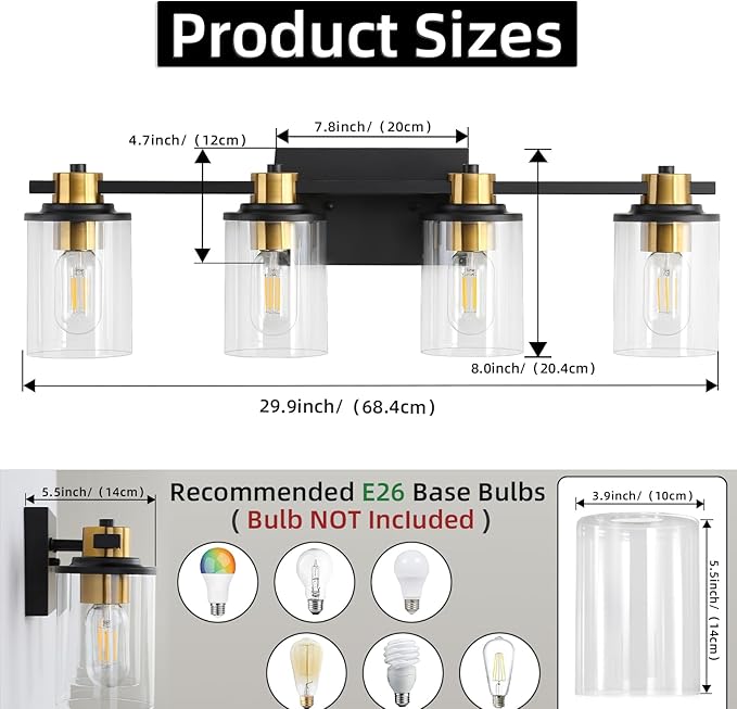 LOUSACE Bathroom Lighting Fixtures Black and Gold 4 Light Bathroom Vanity Light Over Mirror with Clear Glass Shades, Brushed Gold Socket Wall Vanity Lighting Fixtures for Bedroom Living Room