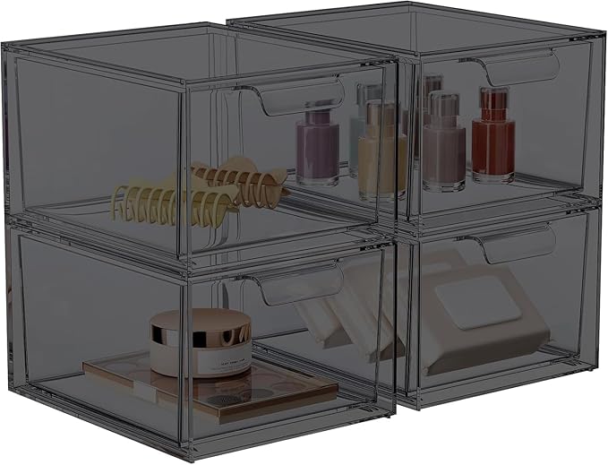 4 Pack Stackable Makeup Organizer and Storage, Acrylic Organizers，Clear Plastic Storage Drawer with Pull-Out Handles for Vanity, Undersink, Kitchen Cabinets, Pantry, Black