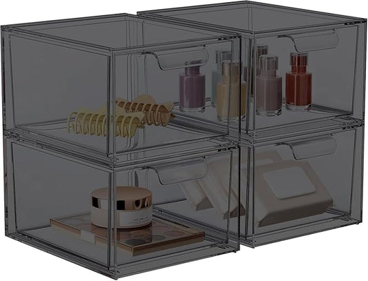4 Pack Stackable Makeup Organizer and Storage, Acrylic Organizers，Clear Plastic Storage Drawer with Pull-Out Handles for Vanity, Undersink, Kitchen Cabinets, Pantry, Black