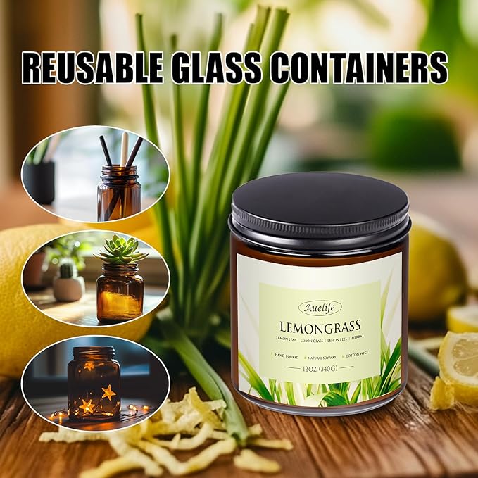 Auelife Lemongrass Scented Candle | 3-Wick Jar Candle - 12oz Natural Soy Wax - Lemon Scent for Indoor Outdoor Use, Long Lasting Aromatherapy Gifts for Home, Summer, 50+ Hour Burn
