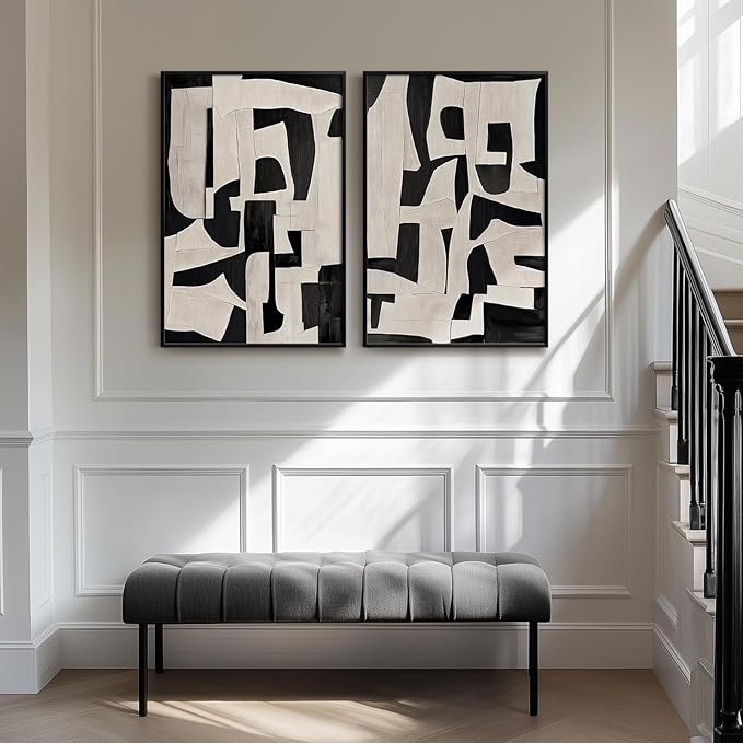 Large Framed Black and Beige Abstract Wall Art, Set of 2 Piece Minimalist Canvas Paintings Artwork for Walls, Modern Art Prints Pictures for Living Room Hallway Dining Room Bedroom Office Wall Decor