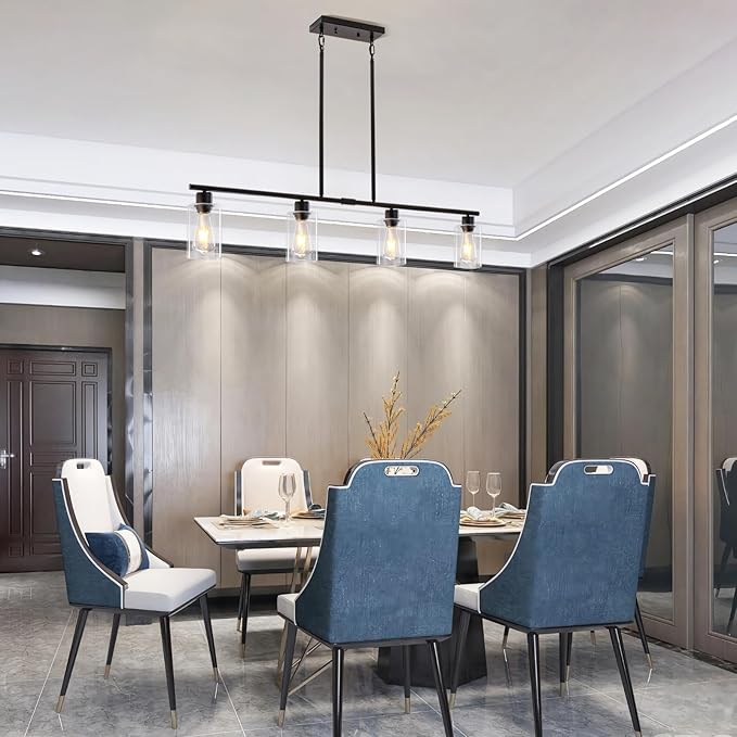 Kitchen Island Lighting, 4 Lights Linear Chandeliers Pendant Light Fixtures for Dining Room Farmhouse Hanging Light with Glass Shades(Black)