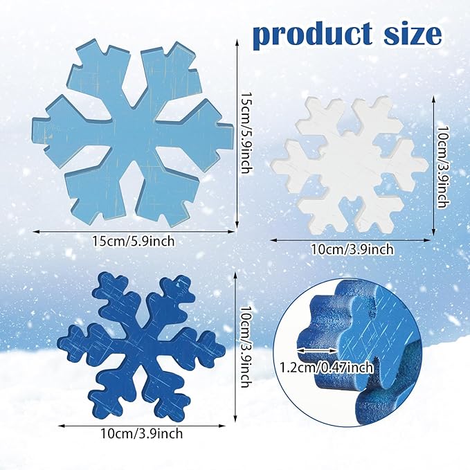 Bucherry 3 Pcs Winter Wooden Snowflake Decor Rustic Winter Snowflake Table Signs Wonderland Wood Blocks Farmhouse Christmas Tiered Tray Decorations for Xmas Table Shelf(Retro Colors)