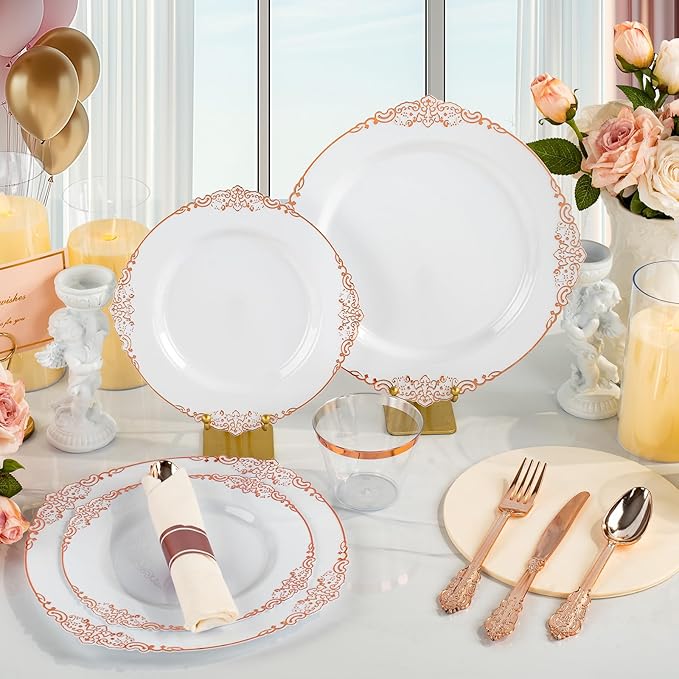 350PCS Rose Gold Plastic Plates for 50 Guests, Disposable Dinnerware Sets Include 100 Rose Gold Rim Plastic Plates, 50 Silverware and Cups, 50 Pre Rolled Napkins for Party, and Graduation