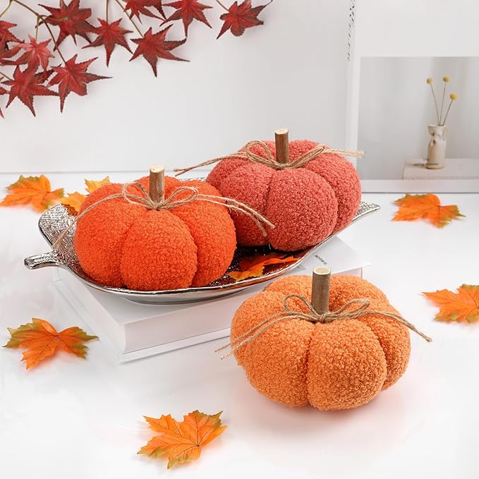 6" Fake Fall Pumpkin Decorations for Home, 3 Pcs Artificial Big Fabric Pumpkins Autumn Decor Faux Pumpkins for Decorating, Fall Wedding Table Centerpiece Mantel Harvest Decor, Halloween, Thanksgiving