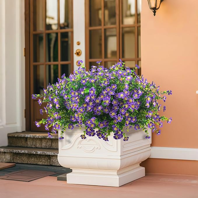 Outdoor Artificial Flowers UV Resistant & Fade Proof, 12 Pack Realistic Fake Flowers for Garden, Patio, Lawn Decor - Weatherproof Plastic Plants (Purple)