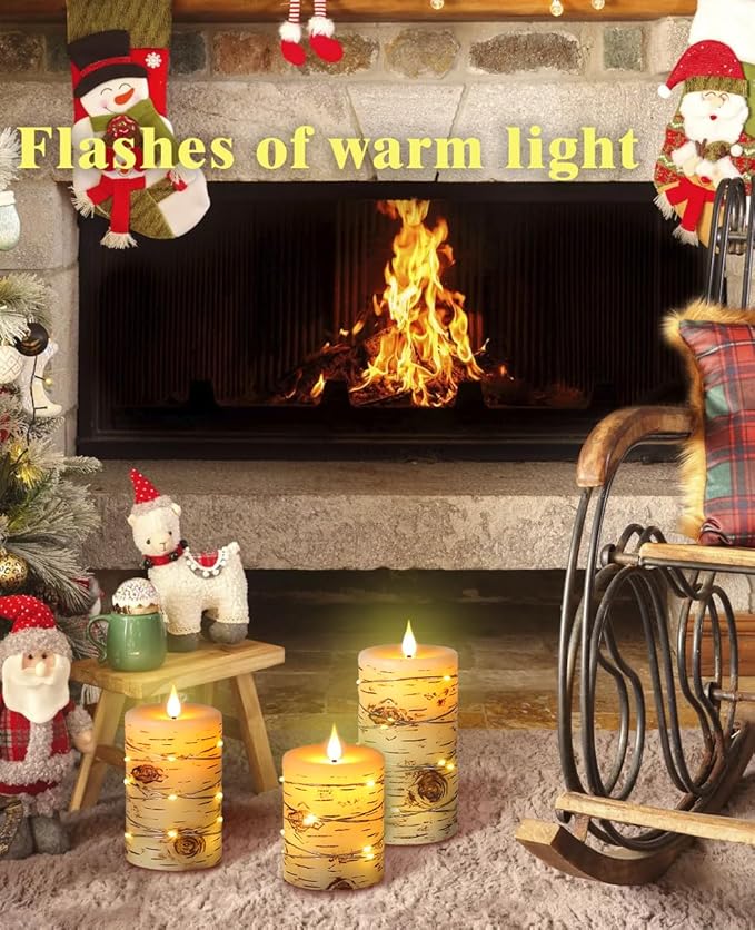 Flameless Candle LED Candles Hand Painted Birch Bark Effect Recessed Light String Candle Set of 3(H4,5,6") Ivory Real Wax Pillar Battery Operated Candles with Dancing LED Flame 10-Key Remote Control