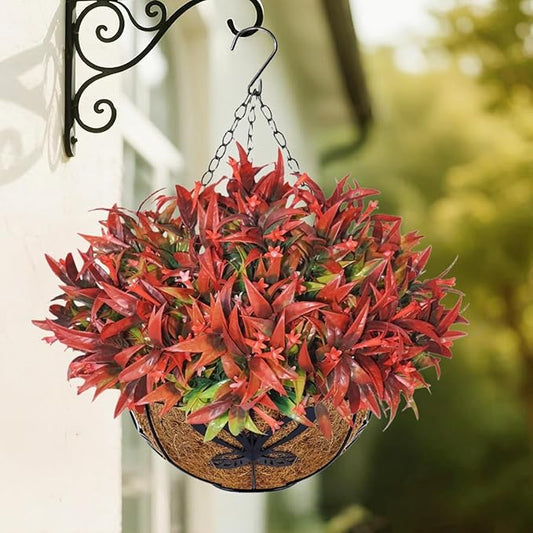 Uieke Artificial Hanging Flowers for Outdoors with Hanging Basket, 22.8" 10pcs UV Resistant Fall Faux Flowers, Fake Hanging Plants for Autumn Garden Porch Patio Balcony Decoration