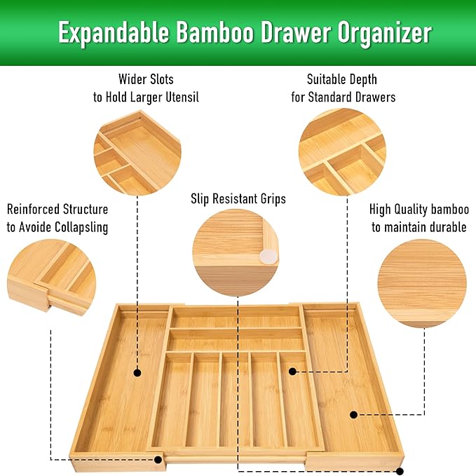 Large Expandable Utensil Organizer Silverware Organizer for Kitchen Adjustable Utensils Holder Bamboo Flatware Silverware Cutlery in Drawer (9 slot, Natural)