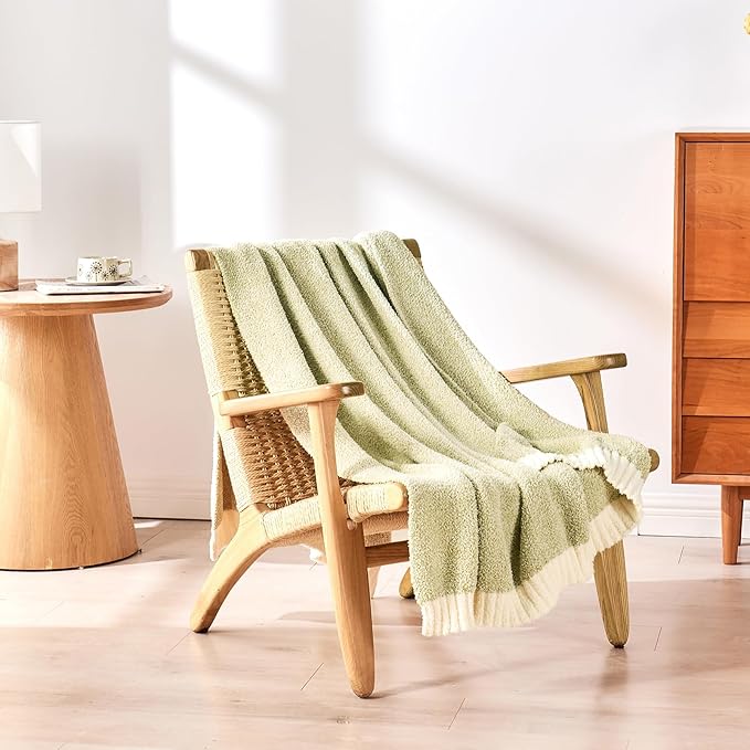 CozeCube Melange Blanket, Ultra Soft Sage Green and White Throw Blanket, Warm Cozy Knit Fuzzy Plush Reversible Throw for Couch Bed Sofa, 50"x60"