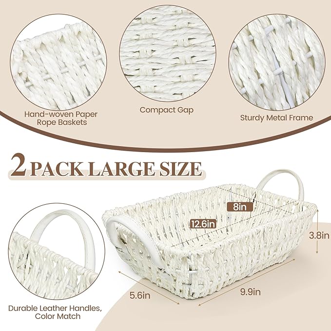 Paper Rope Woven Toilet Paper Basket, Small Wicker Storage Baskets for Organizing with Handles, Bedroom Decor Baskets Toilet Tank Shelf Storage Bins (Set of 2, White)
