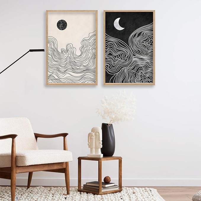 Black and White Sun Moon Boho Wall Art 16"x24" 2 Pieces Wooden Framed Mid Century Abstract Minimalist Home Sign for Living Room Bedroom Office Neutral Wall HangIing Decor (Wood)