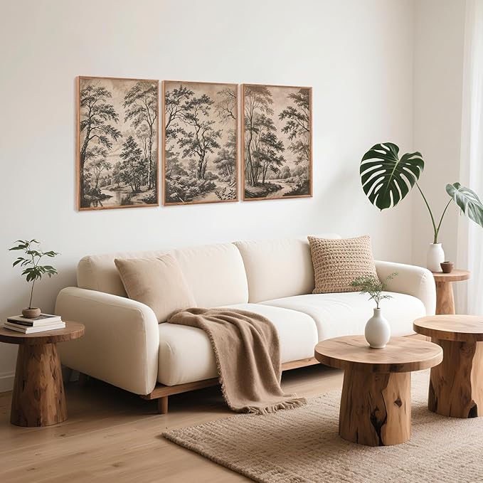 CHDITB Vintage Landscape Framed Wall Art, Neutral Minimalist Tree Wall Decor, Nature Woodland Sketch Spiritual Painting, Retro Botanical Forest Poster Classic Wilderness Office Art Prints 24"x36"x3