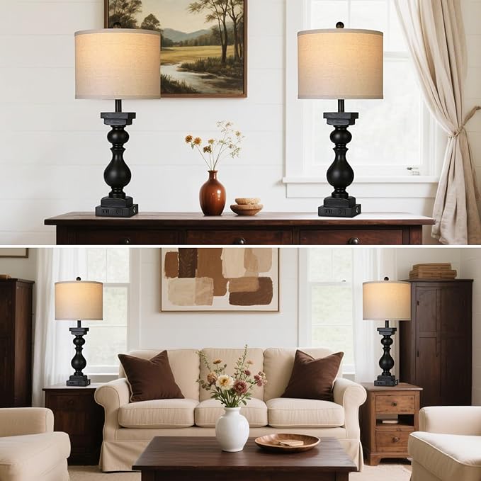 28" Tall Farmhouse Table Lamps Set of 2 with USB C+A Ports and AC Outlet, 3 Way Touch Tall Rustic Bedside Lamps for Living Room, Black Vintage Lamps for Bedroom Nightstand