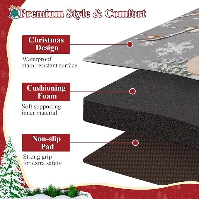 SHACOS Christmas Kitchen Rugs Set of 2 Anti-Fatigue Kitchen Mats Cushioned Christmas Deer Forest Trees Farmhouse Kitchen Mats and Rugs for Xmas 17x27.5+17x47, Forest Deer