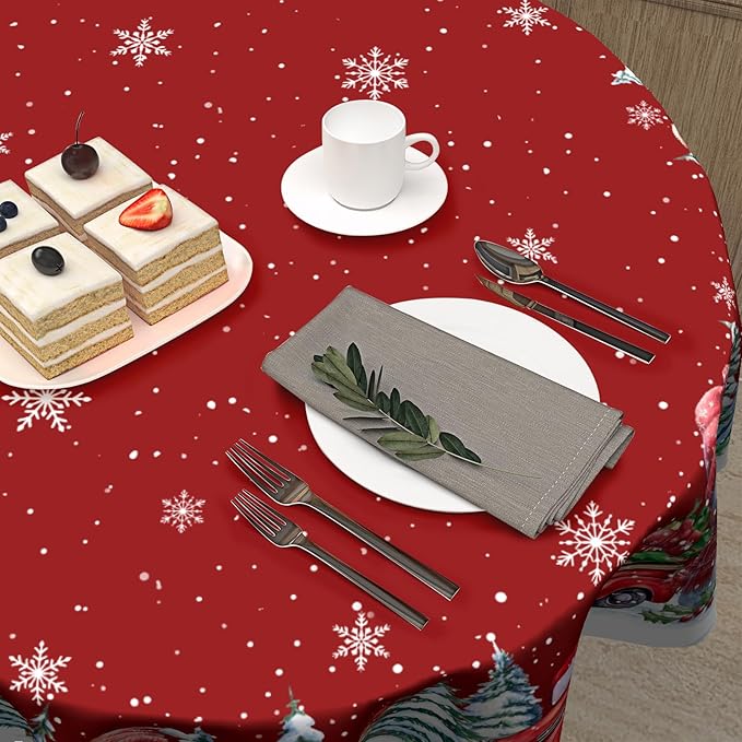 Kawani Christmas 60 Inch Round Tablecloth Red Snowman Round Table Cloth Decor for Home Xmas Truck Decorative Dining Table Cover for Winter Holiday Farmhouse Party Picnic Decor