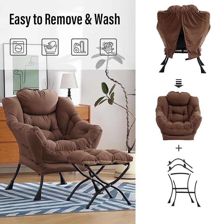 Lazy Chair with Ottoman, Modern Chair with Folding Footrest, Lounge Accent Chair, Comfortable Reading Chair (Dark Brown)
