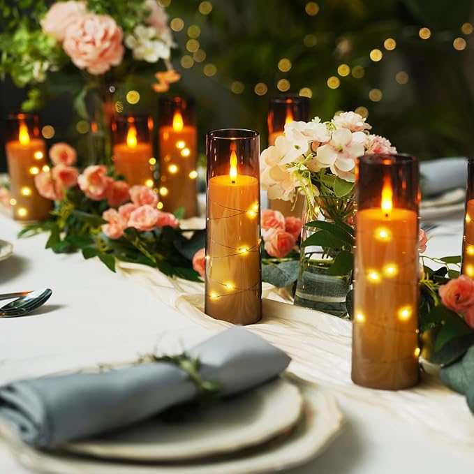 Raycare Flameless LED Candles with Embedded Star String, 9 Pcs Battery Operated Acrylic Pillar Candles with Timer and Remote, Flickering for Romantic Ambiance and Home Decoration (Grey)