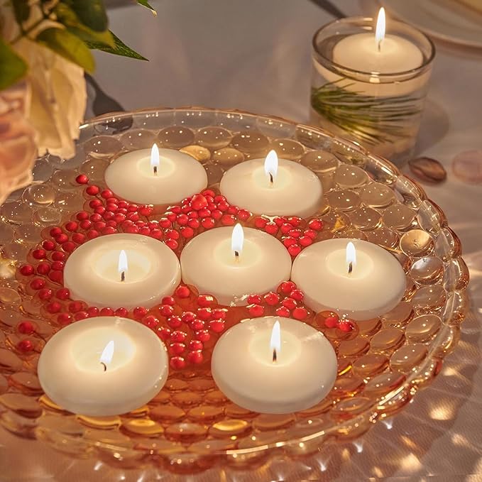 Set of 24， 3-inch Floating Candles, White Smoke-Free and odorless, Burning continuously for 8-9 Hours, Suitable for Valentine's Day, Weddings, Holidays, Home Decoration