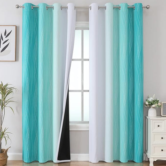 Estelar Textiler Teal and Grayish White Blackout Curtains 108 Inches Long, Thermal Insulated Drapes for Bedroom, Full Light Blocking Energy Saving Long Curtains for Living Room, 52Wx108L, 2 Panels