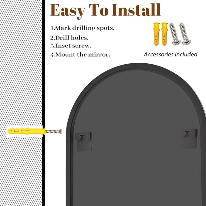 Wall Mounted Mirror, 24"x36" Arched Wall Bathroom Mirror, Black Vanity Wall Mirror with Metal Frame, Modern & Contemporary Arch Top Wall Mirror for Bedroom, Entryway, Living Room, Black