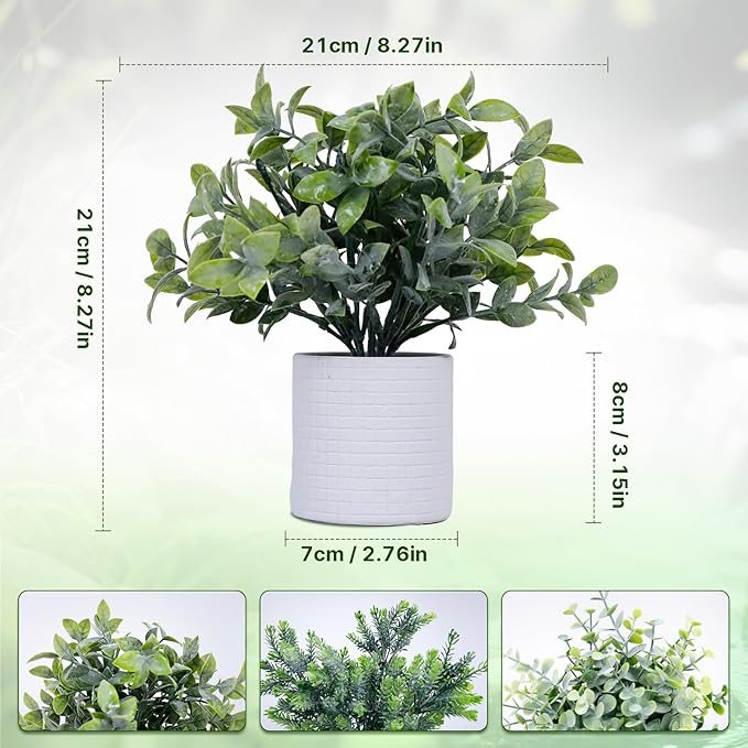 FGSAEOR Mini Potted Fake Plants, Small Artificial Greenery Realistic Plants Topiaries, Low Maintenance, for Home Office Shelf Desk Farmhouse Room Coffee Table Decor (3-Pack) (Grey)