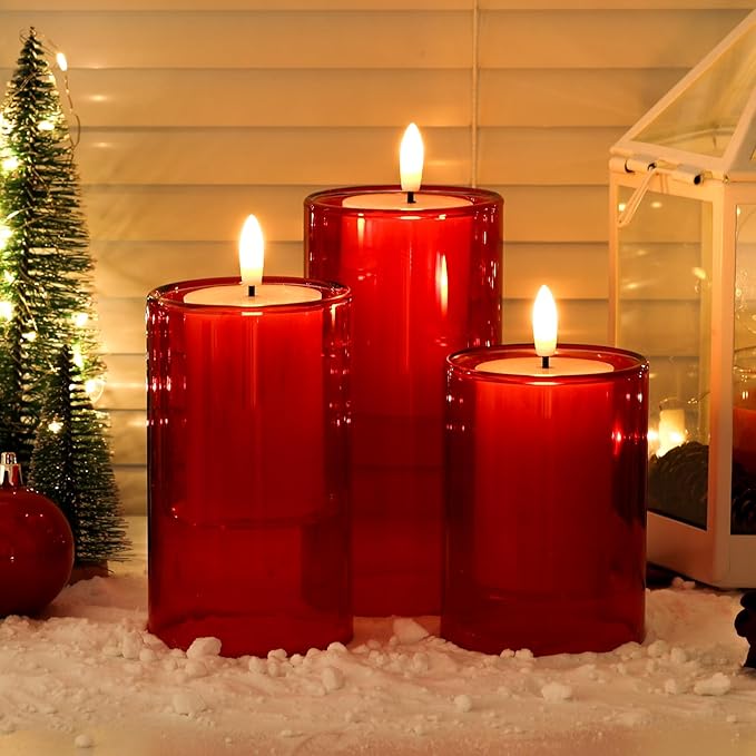NURADA Flameless Candles with Remote Timer - Glass Real Wax 3D Wick LED Pillar Votive Candle Set Battery Operated Flickering Light for Christmas Home Wedding Party Decoration -Red 3 Pack