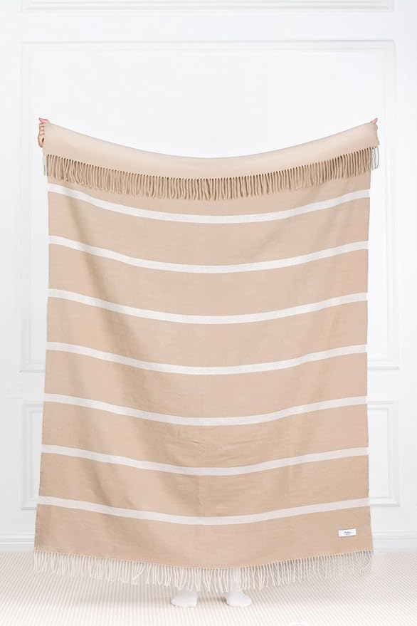 Hofdeco Premium Coastal Decorative Throw Blanket for Patio Couch Sofa, Neutral Tan White Pinstripes with Fringe, 52"x71"