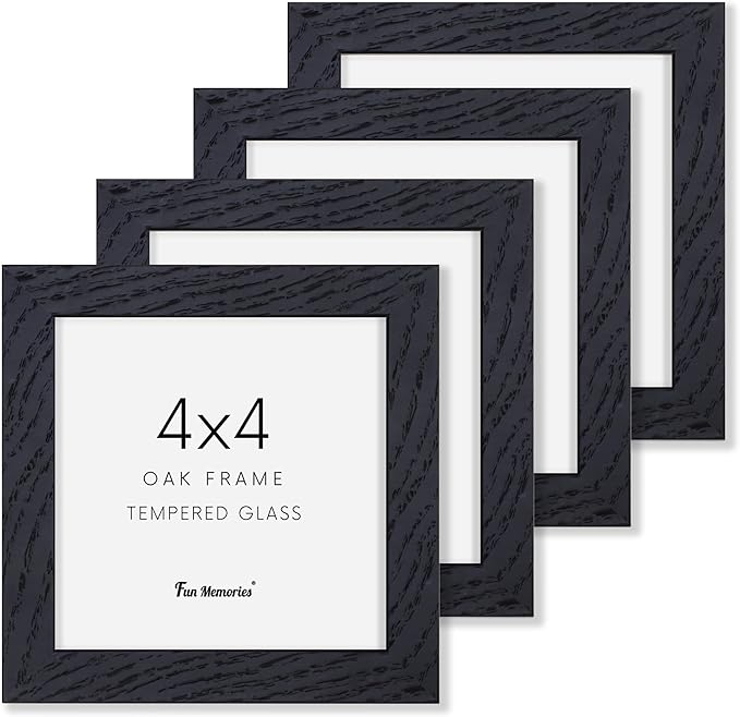 4x4 Black Picture Frames Set of 4, 4"x4" Solid Oak Wood Frame with Real Glass, 4 x 4 Photo Frames with Stand, 4x4 Wood Frames for Wall, Rustic 4 by 4 Picture Frame
