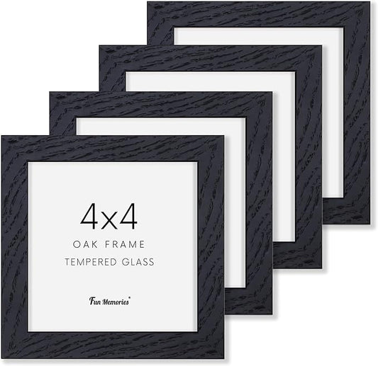 4x4 Black Picture Frames Set of 4, 4"x4" Solid Oak Wood Frame with Real Glass, 4 x 4 Photo Frames with Stand, 4x4 Wood Frames for Wall, Rustic 4 by 4 Picture Frame