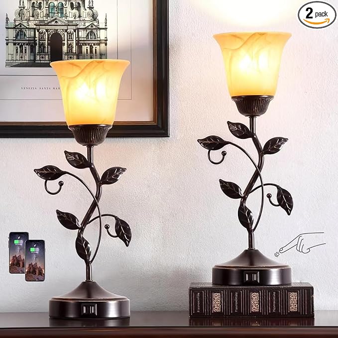 RORIANO Set of 2 Touch Vintage Table Lamps with 2 USB Ports, 3-Way Dimmable Nightstand Flower Lamps, Amber Glass Shade Rustic Leaf Lamp for Living Room Bedroom, LED Bulb Included (Bronze)