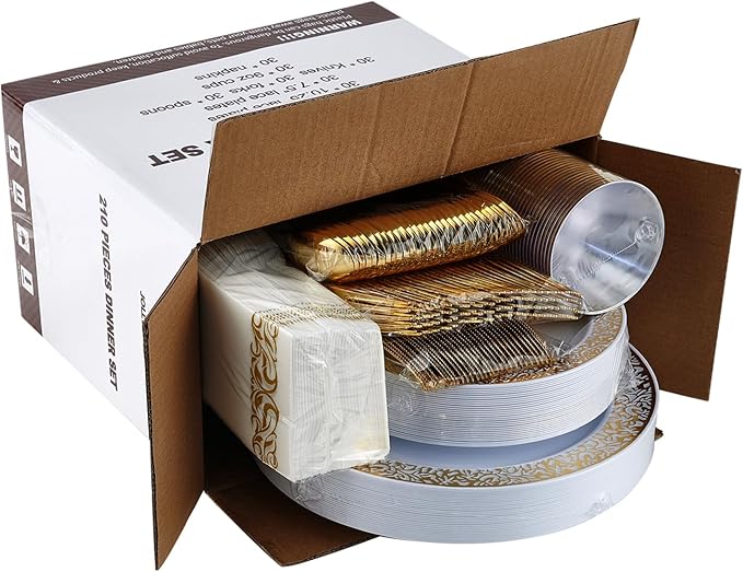 210 Count Gold Plastic Dinnerware, Gold Disposable Plates, Includes: 30 Dinner & 30 Dessert Plates & 30 Cups & 30 Paper Napkins & 30 Plastic Silverware Set