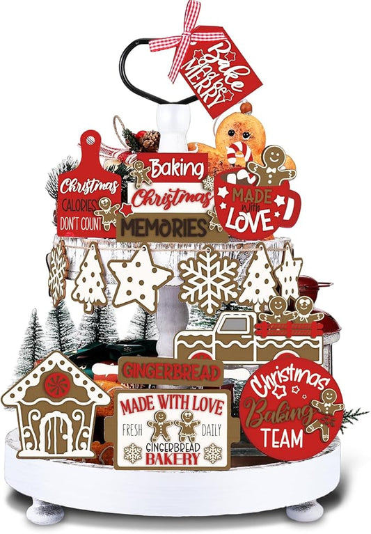 17 Pcs Christmas Tiered Tray Decor Set Winter Tiered Tray Decorations Farmhouse Tabletop Centerpiece Christmas Wooden 3D Sign for Xmas Home Buffalo Plaid Rustic Table Decoration(Lively)