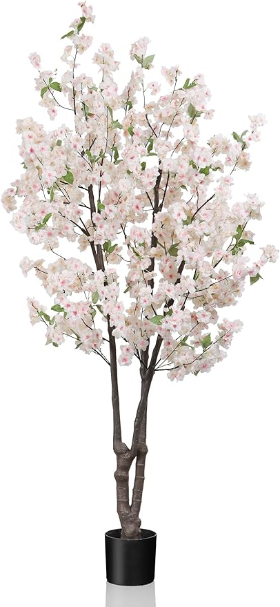 Artificial White Cherry Blossom Tree 5.7ft(68in) Faux Lifelike Plant for Indoor Decor Natural Potted Tree Realistic Pink Cherry Flowers Wood Trunk for Home Living Room,Office Perfect Weeding Gift