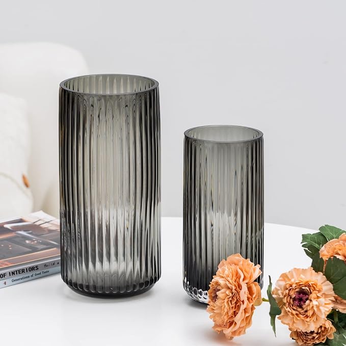 Flower Vase 7.5 inch Grey Thickened Hand Blow Glass Vase Round Vintage Striped Bottles for Bookshelf,Dinner Table,Indoor Office Desktop,Meeting Room,Bathroom,Countertop,Home