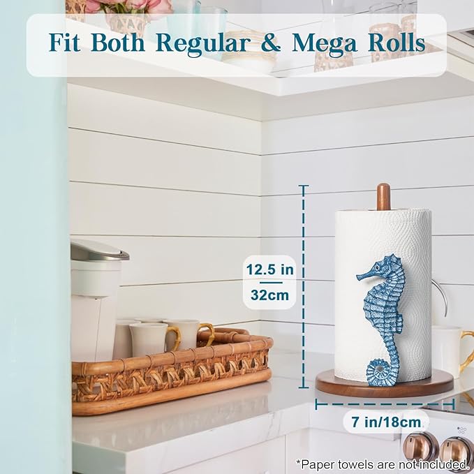 Seahorse Paper Towel Holder - Beach House Decor Unique Coastal Decor Seahorse Gifts for Women, Funny Cute Paper Towel Holder Stand Wood Kitchen Countertop Bathroom Decor Blue Coastal Kitchen