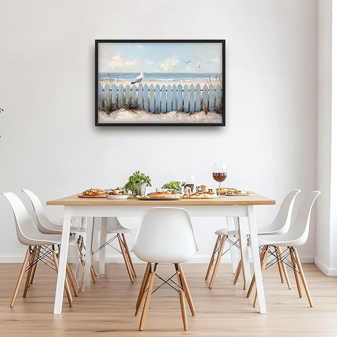 Flintis Large Ocean Beach Framed Wall Art Beach Seagull Pictures Wall Decor Abstract Natural Landscape Canvas Painting Print Artworks Framed for Living Room Bathroom Master Bedroom 36L X 24W