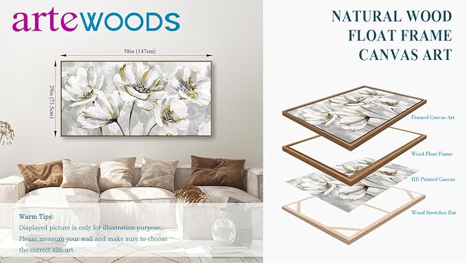 arteWOODS Flowers Framed Wall Art - Gray White Flowers with Yellow Accents Canvas Pictures Wall Decor Botanical Painting Artwork Elegant Floral Prints Living Room Bedroom 58 x 29in Natural Wood Frame